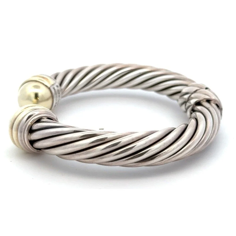 David Yurman 9mm Sterling Silver Yellow Gold 9mm Cable Hinged Cuff Bracelet - Picture 4 of 8